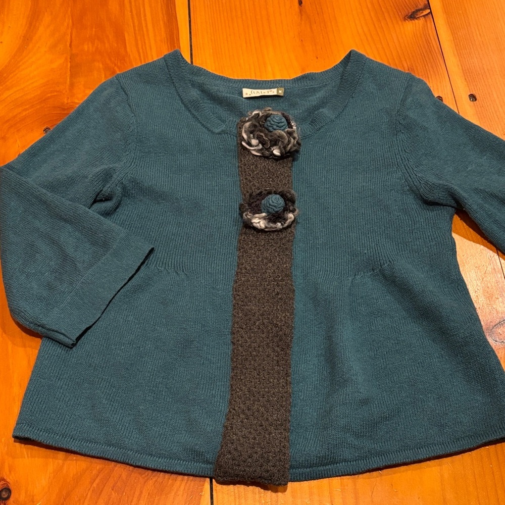 CHALET M Teal Blue Snap Up Wool Cardigan Floral Applique